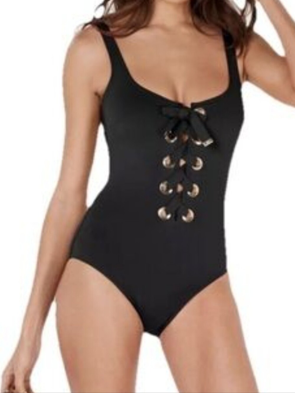 Michael Kors Black Lace-Up One-Piece Swimsuit with Gold Grommets